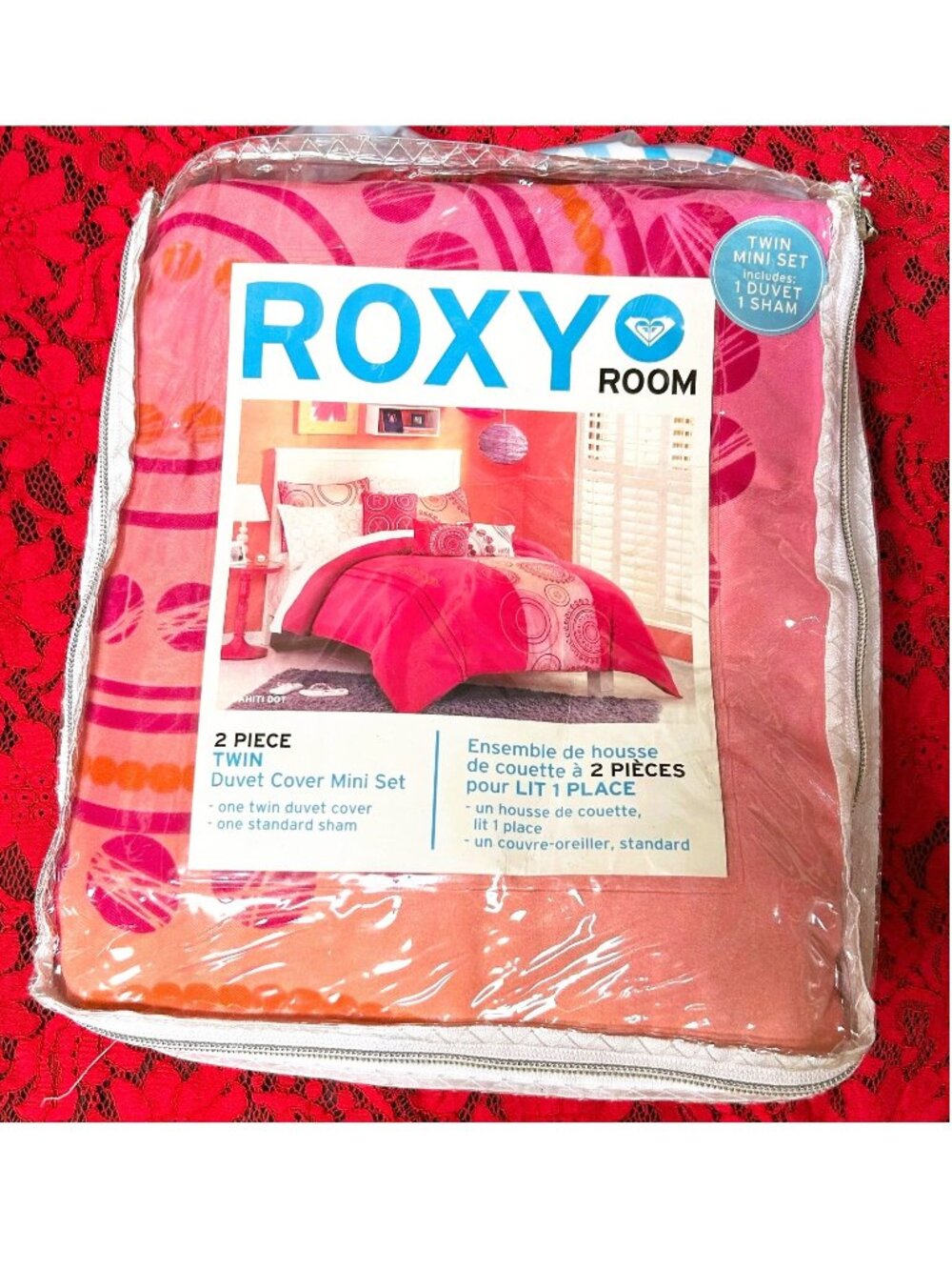 NEW~TWIN size comforter/Duvet Cover+Sham Set~Roxy Tahiti Dot~orange red pink